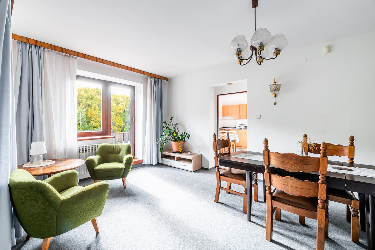 Bright living and dining room with two green armchairs, a wooden dining set, and a view of trees through a large window.