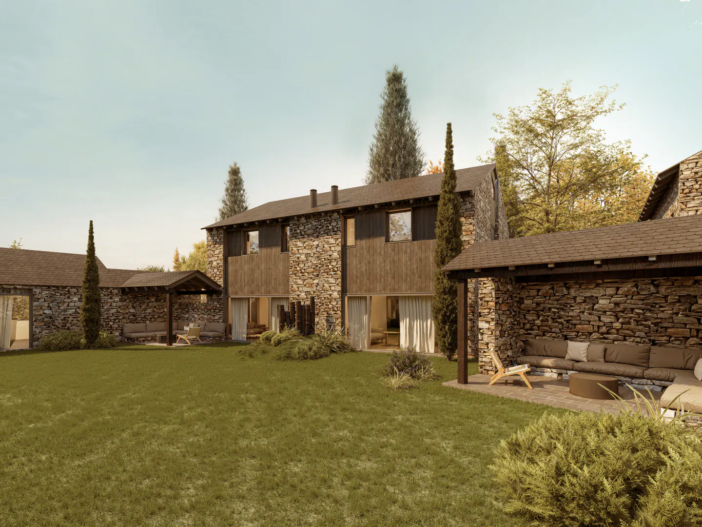 Exterior view of a stone and wood house with a green lawn, patio furniture, and trees under a blue sky.