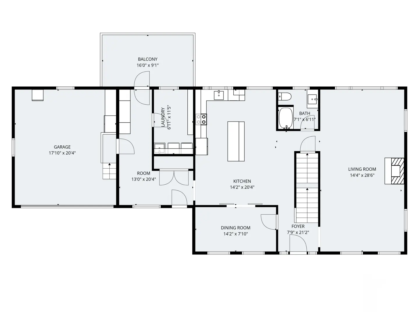Floor plan of a house with a garage, balcony, laundry room, kitchen, dining room, foyer, bath, and living room.
