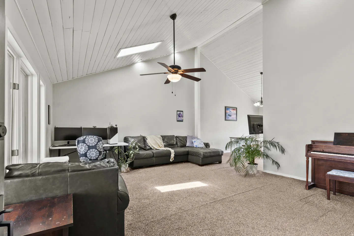 Living room with vaulted, wood-planked ceiling, ceiling fan, and skylight. A brown leather sectional sofa sits on a beige carpet. A piano is on the right.
