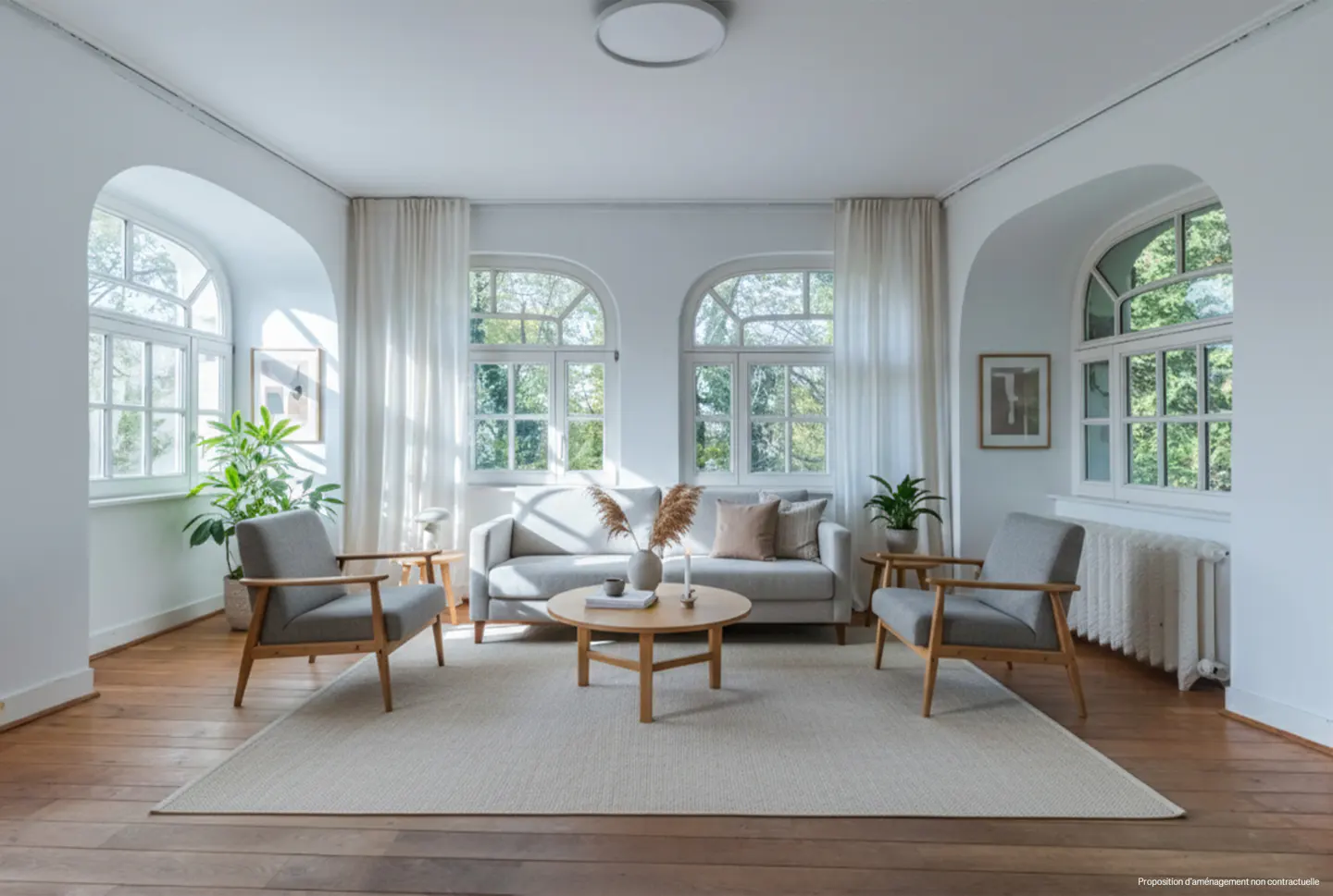 Bright living room with hardwood floors, a light gray sofa, two gray armchairs, and a round wooden coffee table on a cream rug. Arched windows with white curtains.