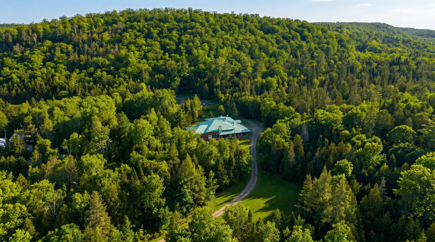 Aerial view of a house with a green roof, nestled in a dense forest with a dirt driveway leading to it.