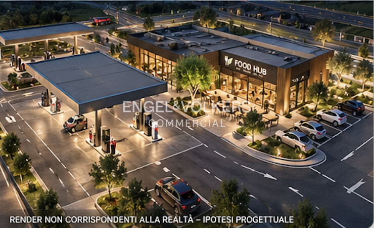 Aerial render of a modern gas station and Food Hub restaurant with parked cars and landscaping at dusk. [AI-generated text]