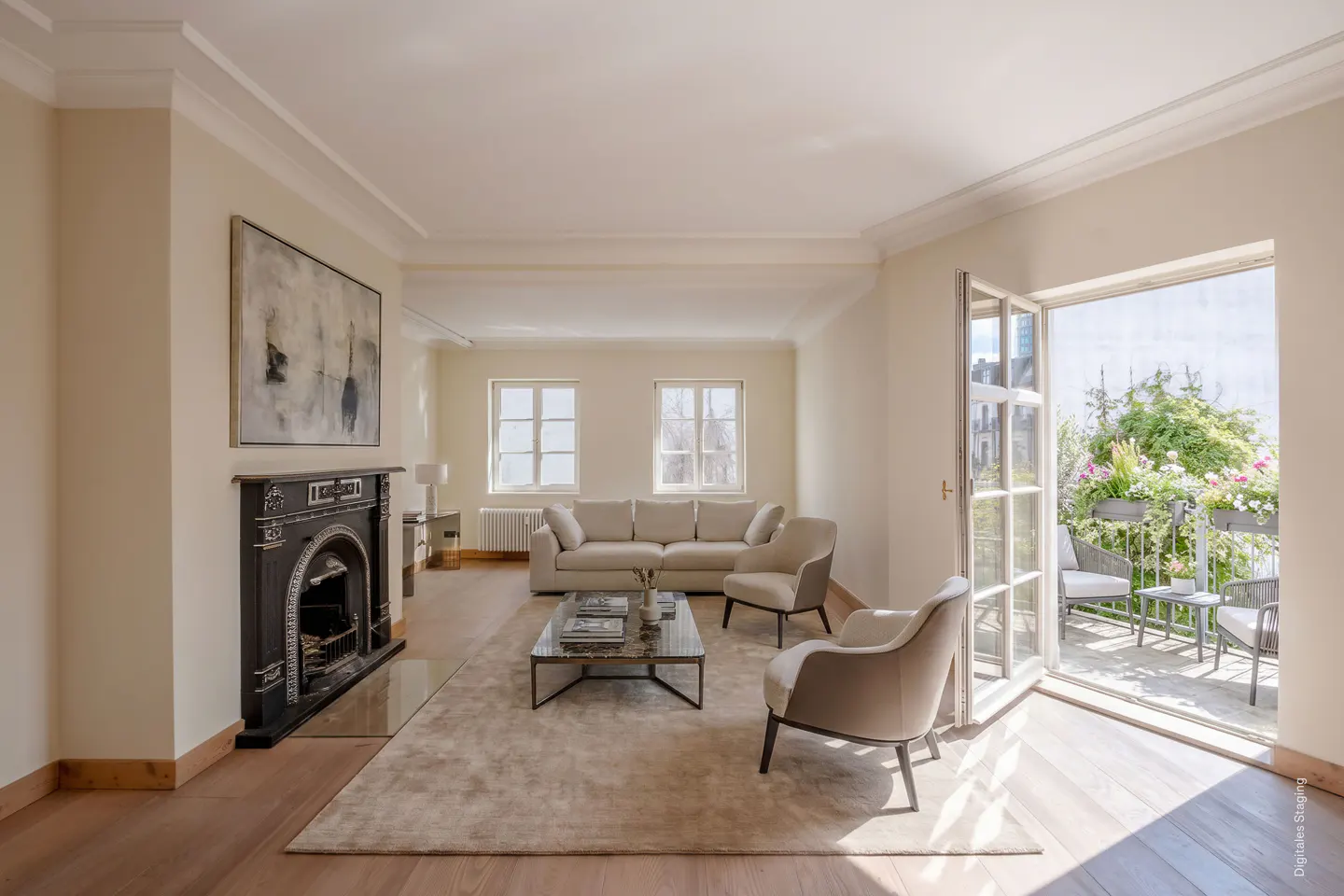 Bright living room with a black fireplace, beige sofa and chairs, a glass coffee table, and an open door to a balcony with flowers.