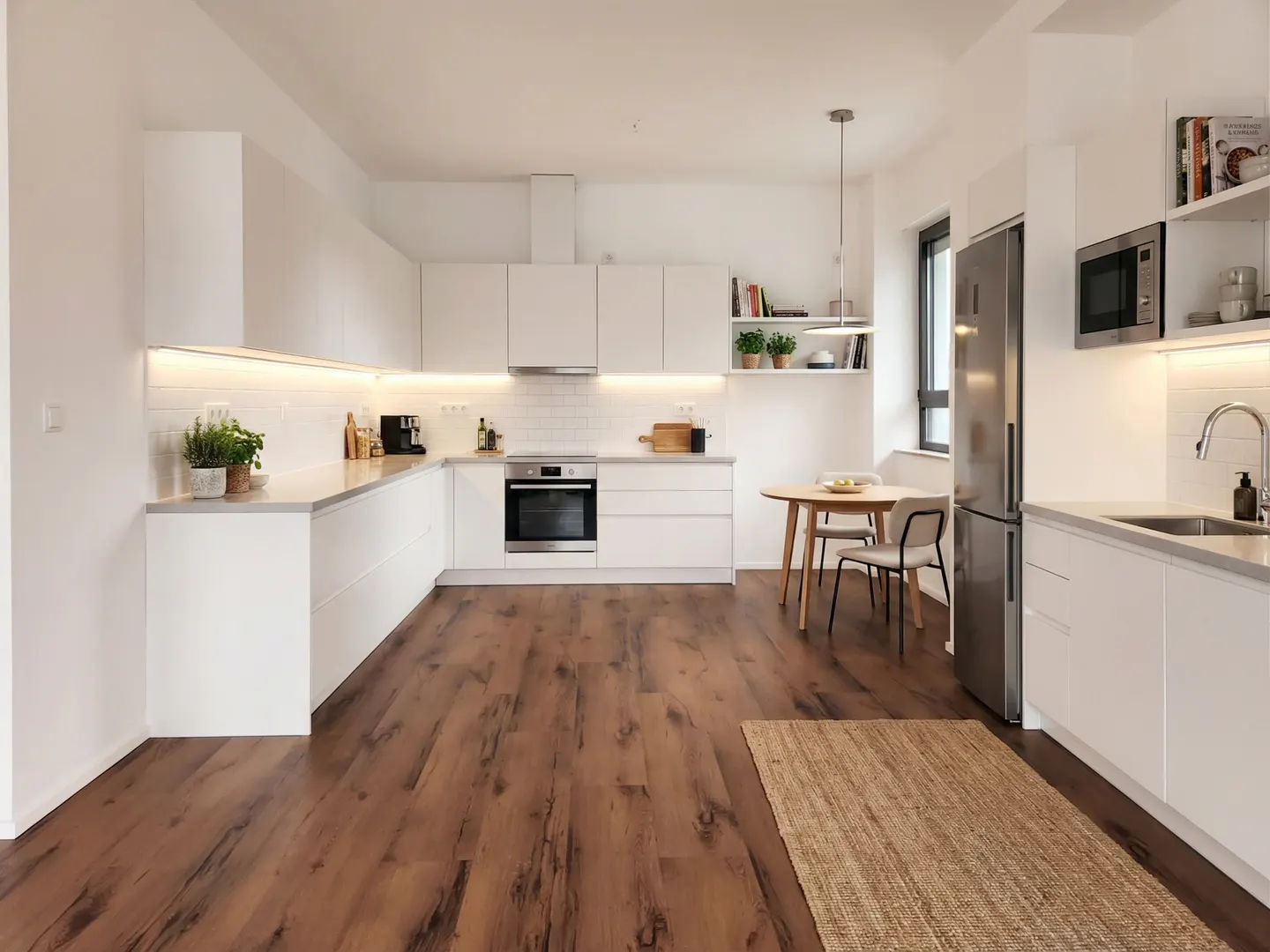 Bright, modern kitchen with white cabinets, stainless steel appliances, and dark wood floors. A round table and chairs sit near a window.