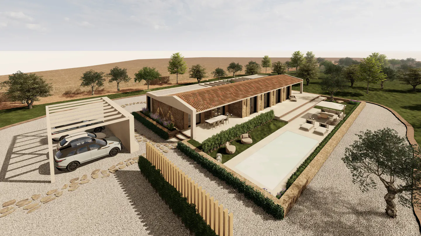 Aerial view of a modern, single-story home with a red tile roof, a pool, and a carport with two cars parked underneath.
