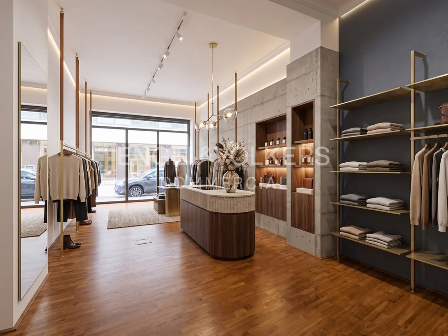 Modern clothing boutique interior with wooden floors, gold shelving, a central display island, and large street-facing windows.