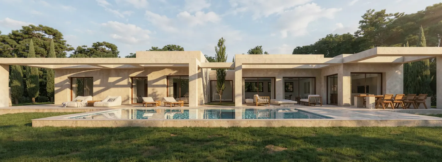 Modern beige villa with a swimming pool, outdoor lounge chairs, dining area, and tall cypress trees under a blue sky.