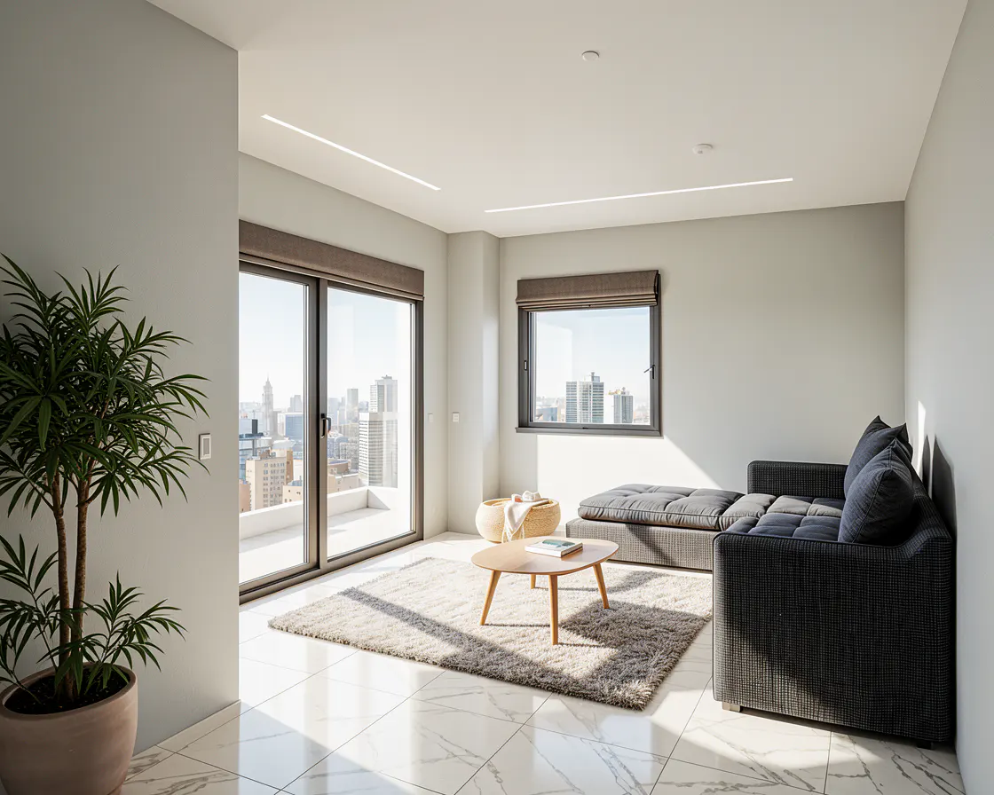 Bright living room with a gray sofa, wood table, and a large window overlooking a city skyline. A potted plant sits near the window.