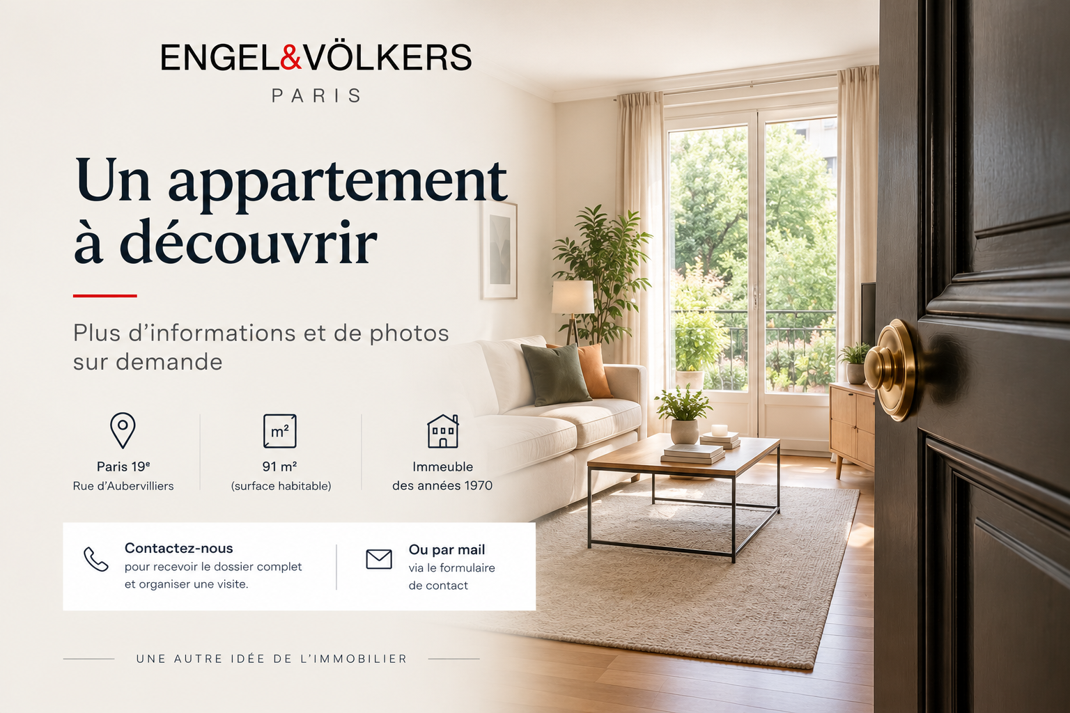 Engel & Völkers real estate ad for a 91m² apartment in Paris 19th, featuring a bright living room with a beige sofa. [AI-generated text]