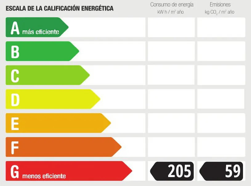 Energy efficiency scale from A to G, with G at 205 kWh/m² year and 59 kg CO₂/m² year.