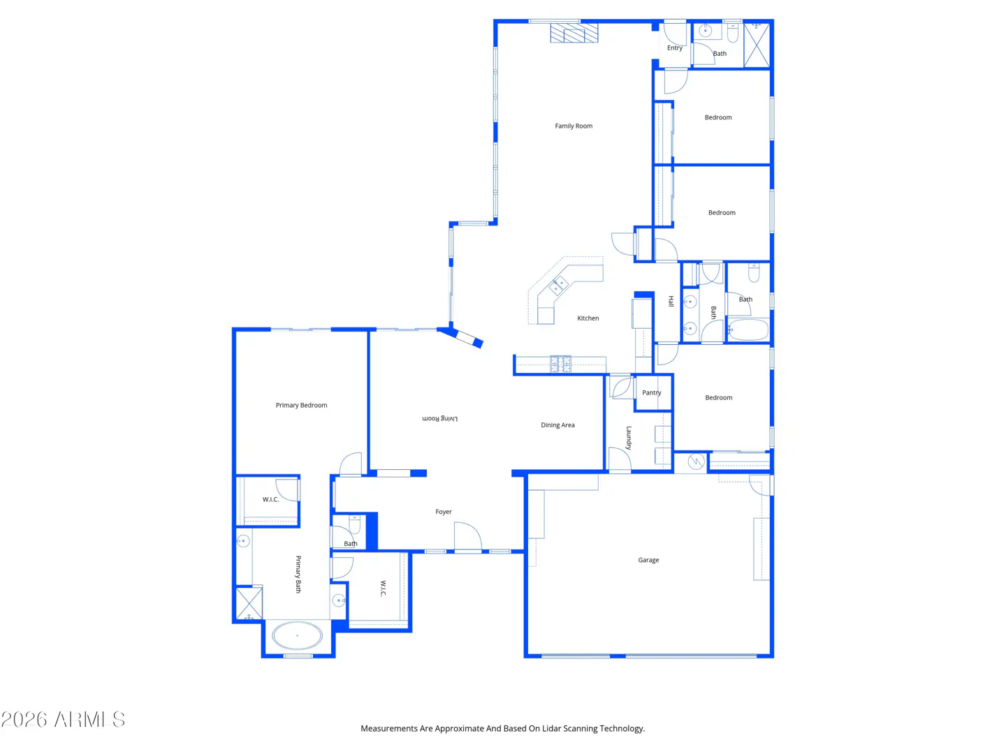 Blue-lined floor plan of a house with a primary bedroom, living room, kitchen, family room, and garage.