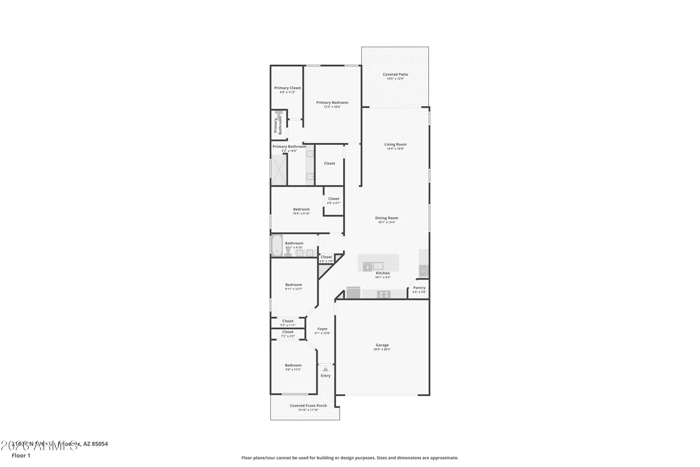 Floor plan of a house with a garage, kitchen, living room, dining room, three bedrooms, and two bathrooms.