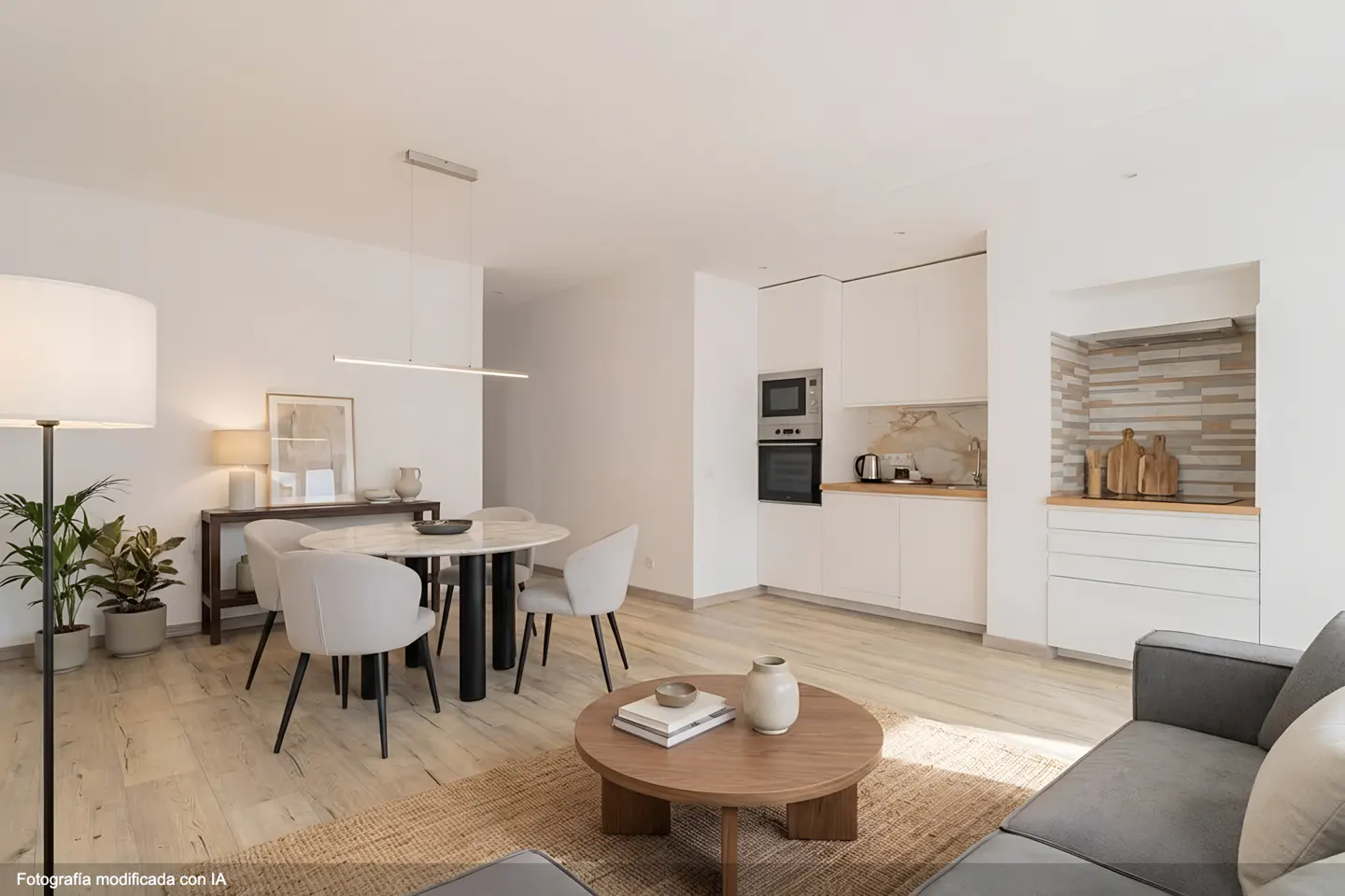 Bright, modern living space with a round dining table, white kitchen cabinets, and a gray sofa. A round wooden coffee table sits on a woven rug.