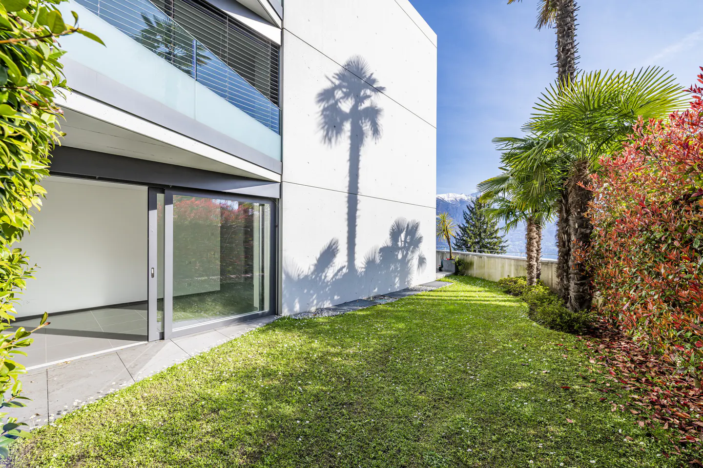 Modern white building with open sliding glass doors to a green lawn. Palm tree shadow on the wall, with trees and mountains in the background.