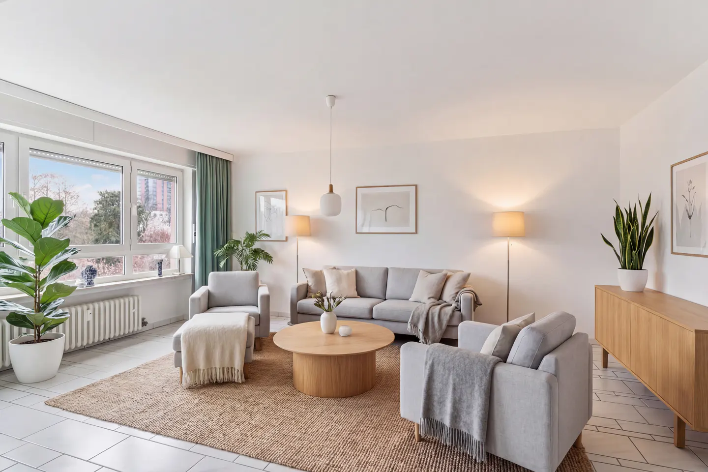 Bright living room with a gray sofa, two armchairs, and a round wooden coffee table on a jute rug. Plants and art decorate the white walls.