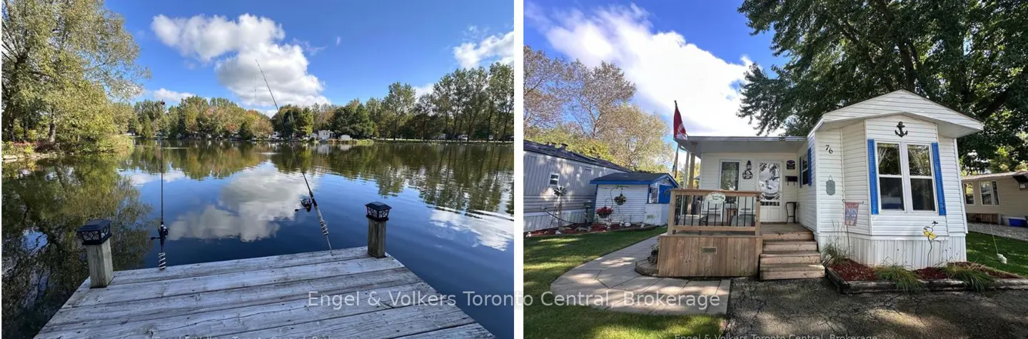 Split image: Left, fishing rods on a dock over a lake. Right, a small white house with blue trim and a Canadian flag.