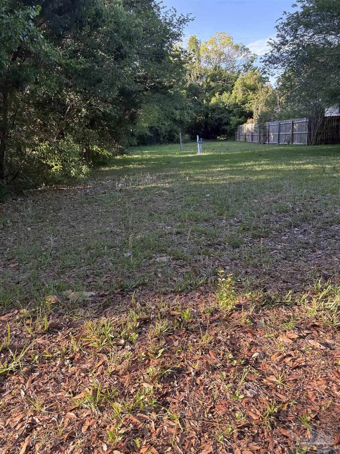 A vacant lot with green grass and trees in the background. A wooden fence is visible in the distance.