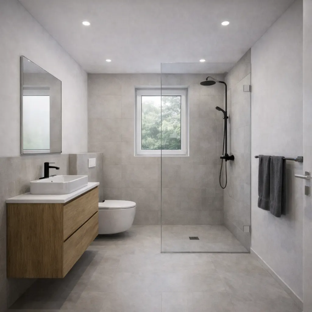Modern bathroom with gray tile, wood vanity, white sink, black faucet, and glass shower with black fixtures. A window shows green trees.