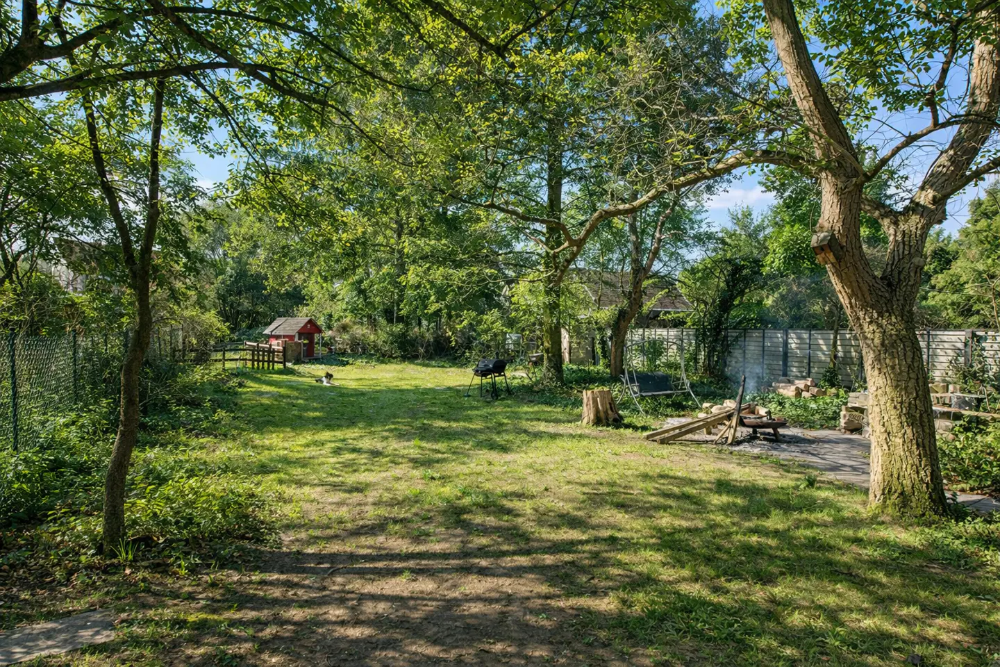 A large green backyard with trees, a red shed, a grill, and a fire pit.