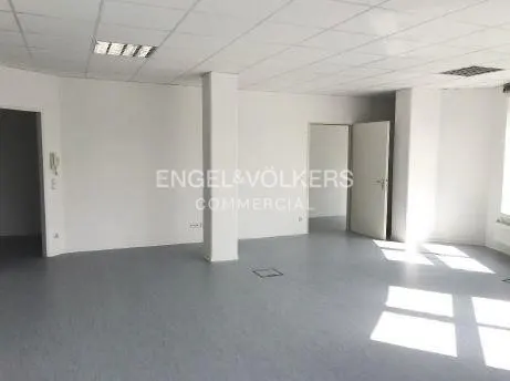 Empty, bright office space with white walls, grey flooring, a drop ceiling, and open doorways.