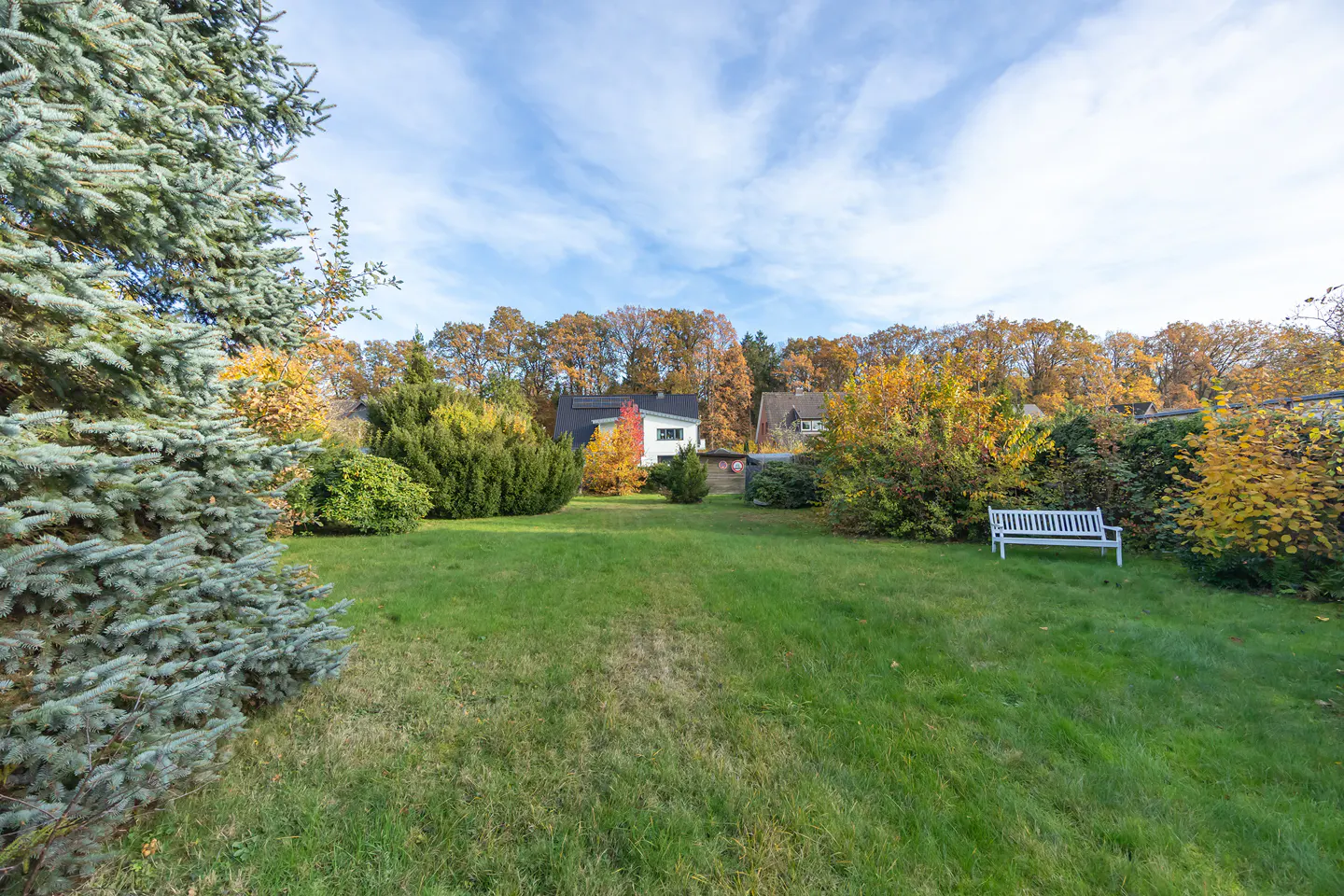 A wide shot of a green lawn with a white bench, trees with autumn foliage, and a house in the background.