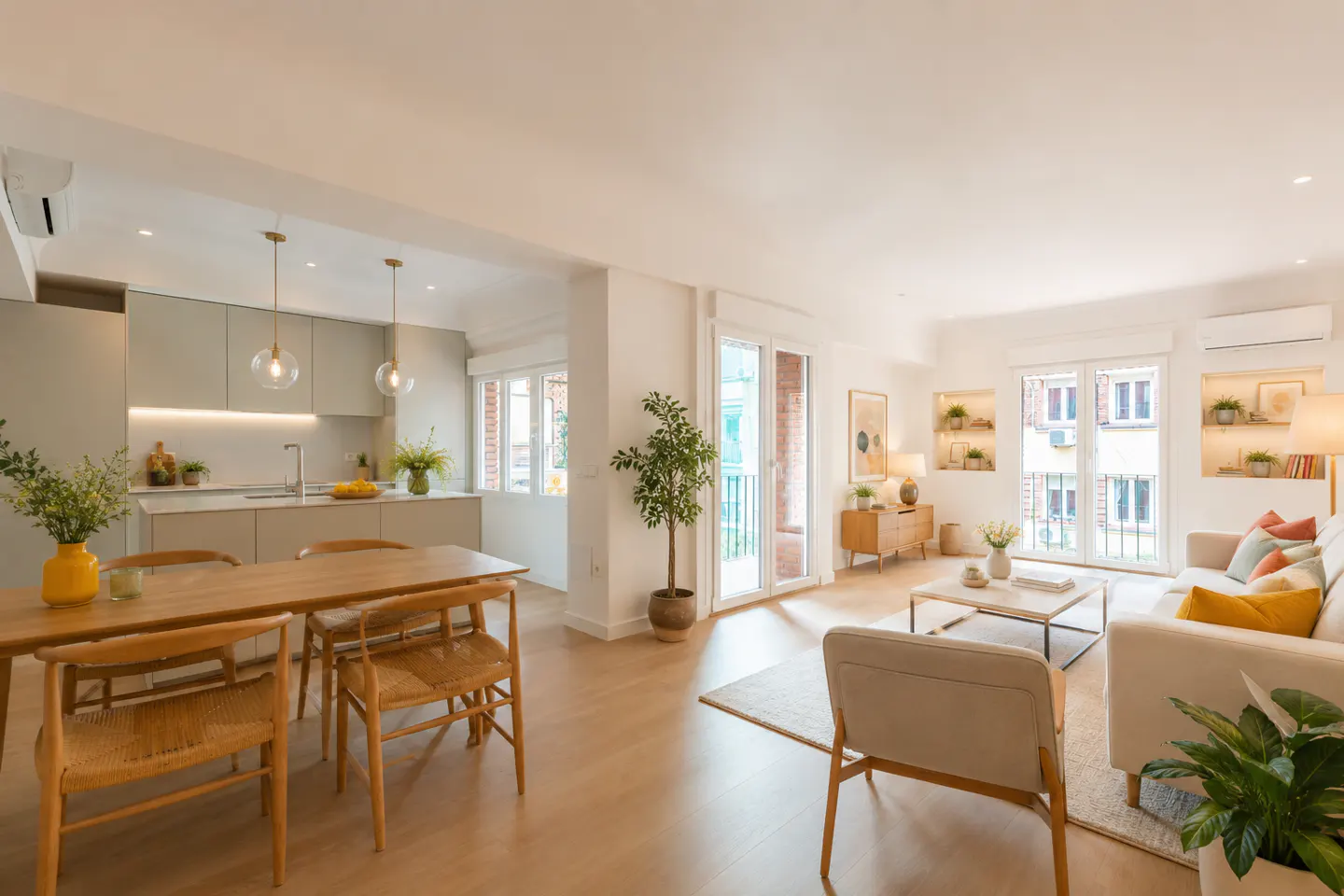 Open-concept living space with a dining table, kitchen, and living room. The room is bright with natural light and neutral tones.