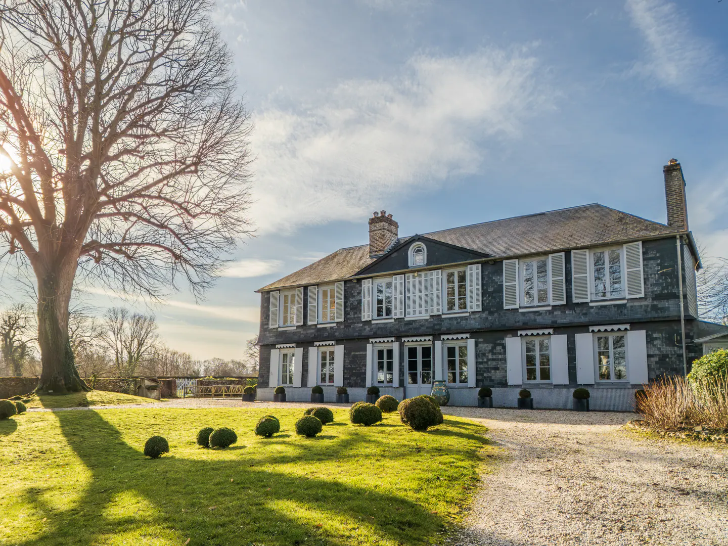 Two-story gray house with white shutters, green lawn, and a large tree on a sunny day.