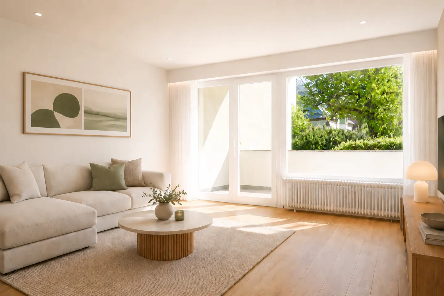 Bright, modern living room with a cream sectional, round coffee table, and large windows overlooking green trees.