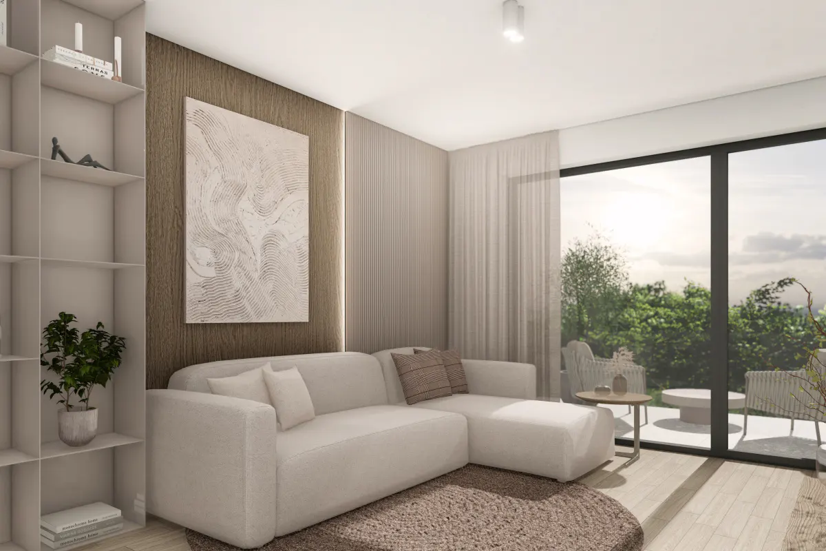 Bright living room with a white sectional sofa, round rug, and floor-to-ceiling windows overlooking a green landscape. A white bookshelf and abstract art add to the modern aesthetic.