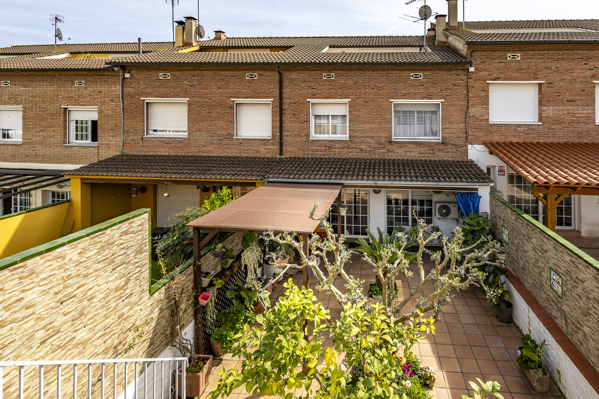 View of brick townhouses with a tiled patio, plants, and a brown pergola in the backyard.