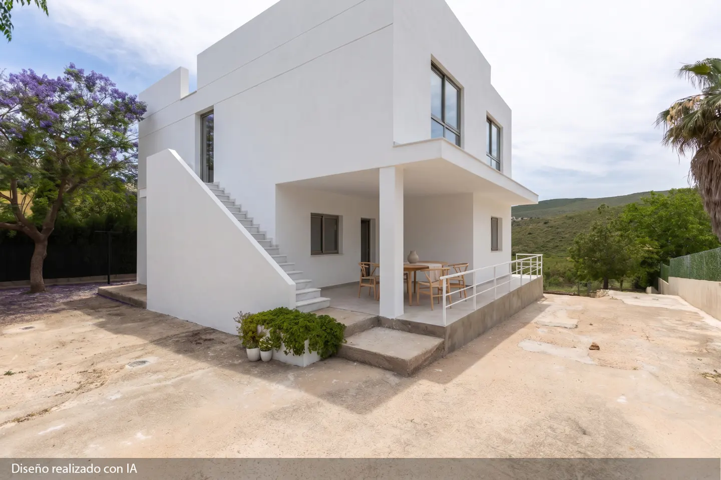 Modern white two-story house with an outdoor staircase, covered patio, and dining set, set against a hilly landscape.