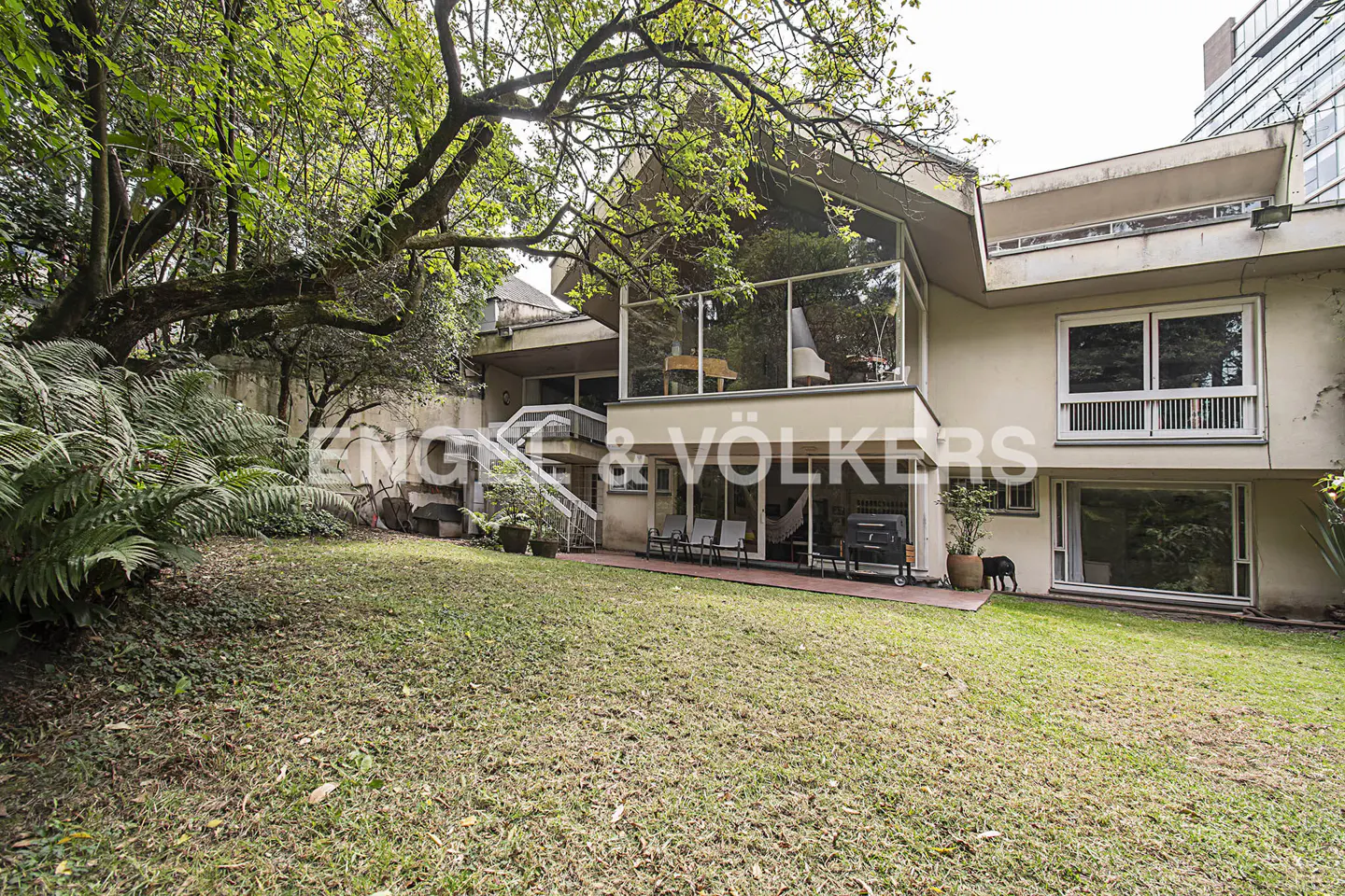 Backyard view of a modern two-story house with a lawn, trees, and a black dog. The house has large windows and a balcony.