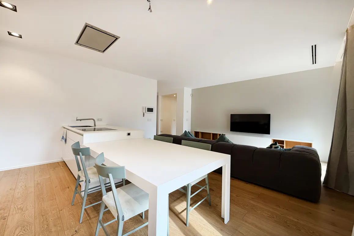 Open-concept living space with a white kitchen island, dining table with chairs, and a gray sofa facing a wall-mounted TV.