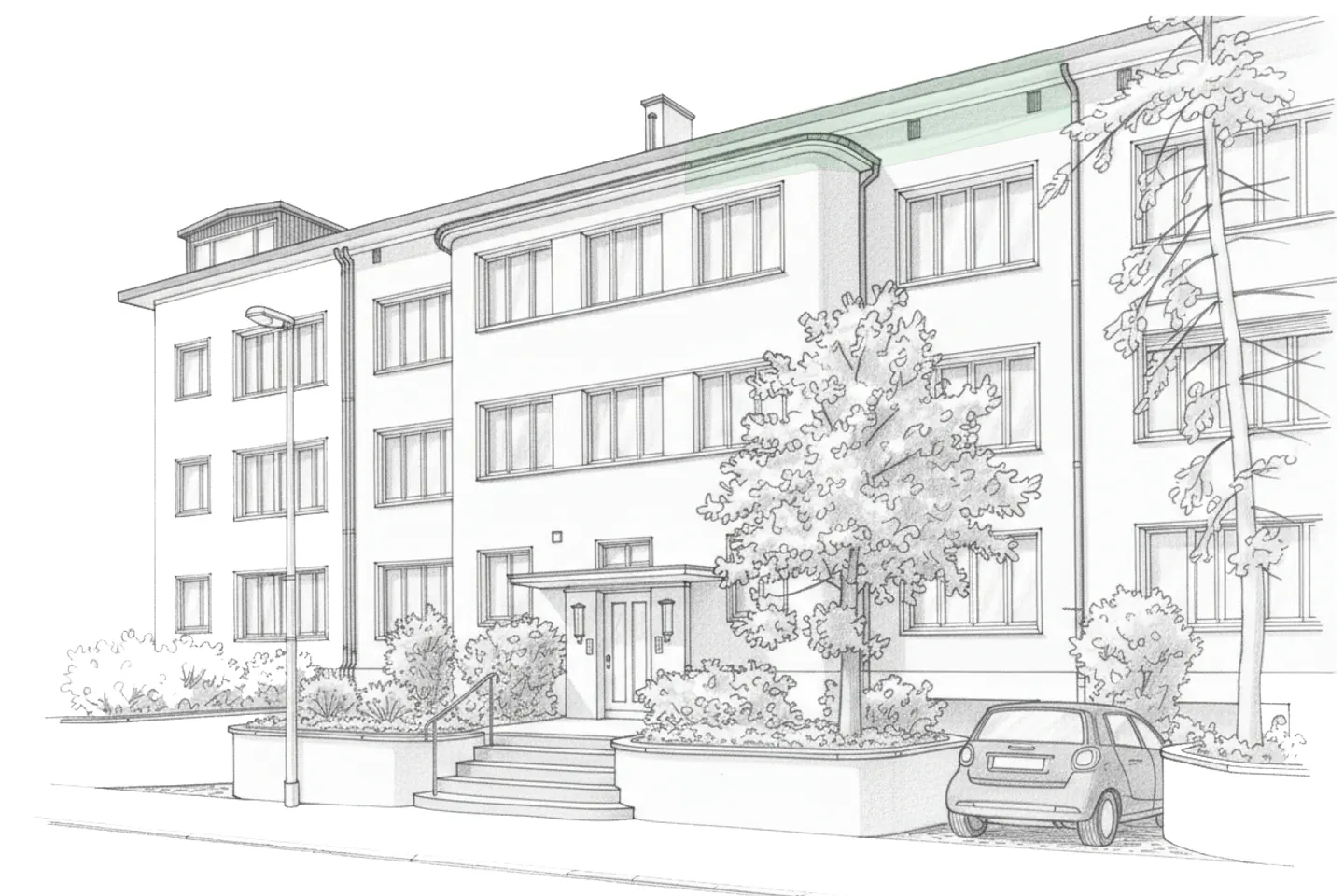 Sketch of a three-story white apartment building with many windows, trees, and a small car parked in front.