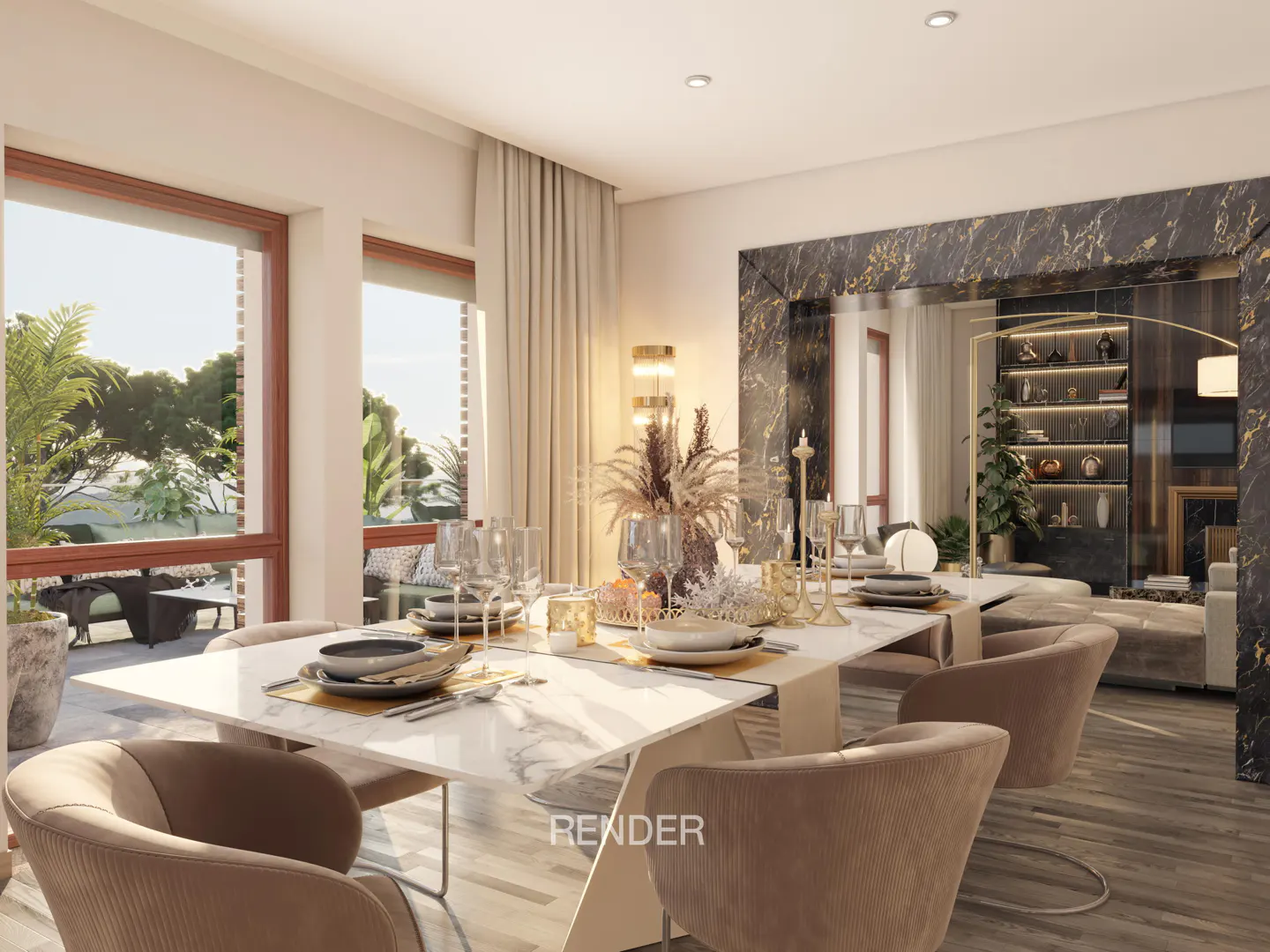 A dining room with a long white marble table set for a meal, surrounded by tan chairs. Large windows show an outdoor patio. A black marble wall frames a view into the living room.