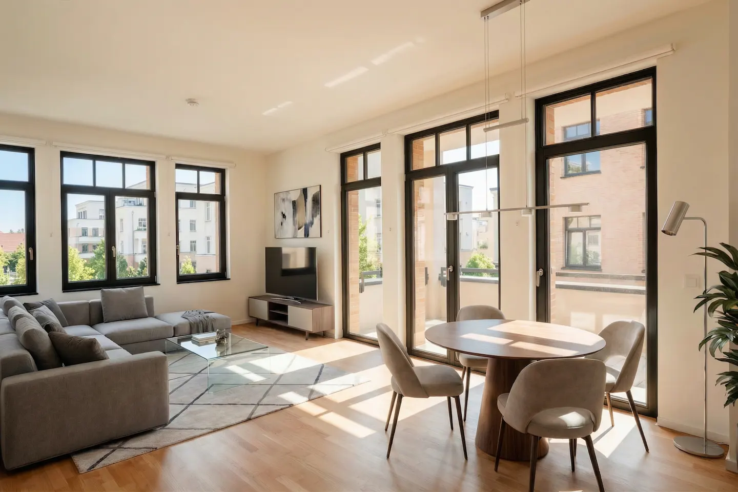 Bright, modern living room with a gray sectional sofa, round wood table, and large windows with black frames.