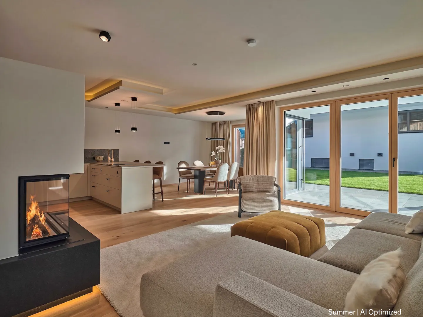 Open-concept living space with a fireplace, kitchen island, dining table, and sliding glass doors to a patio. Neutral color palette.