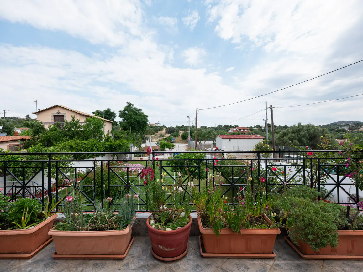A balcony with terracotta pots of flowers and greenery, overlooking a rural landscape with houses under a cloudy sky.