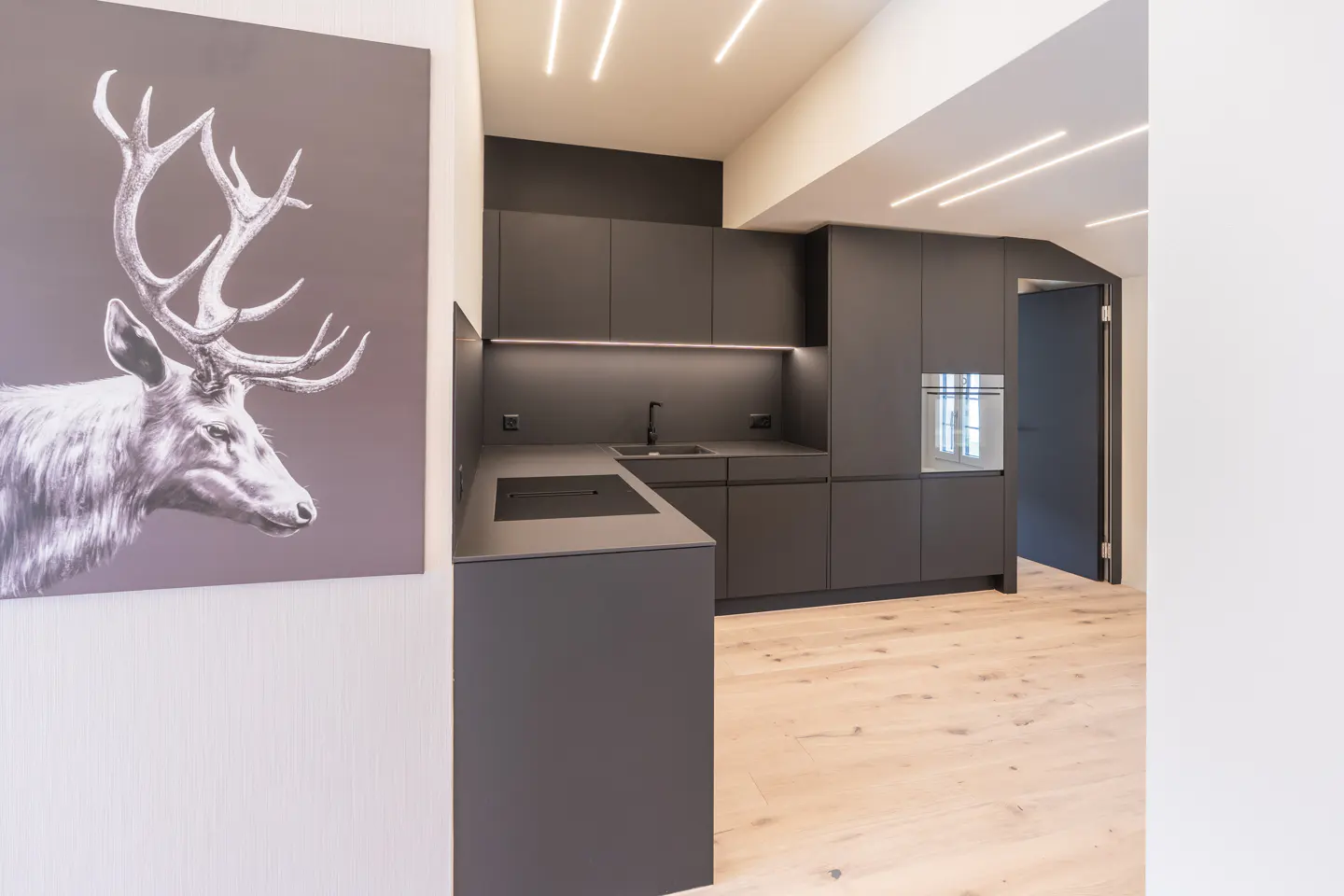 Modern kitchen with gray cabinets, light wood floors, and a deer print on the wall.