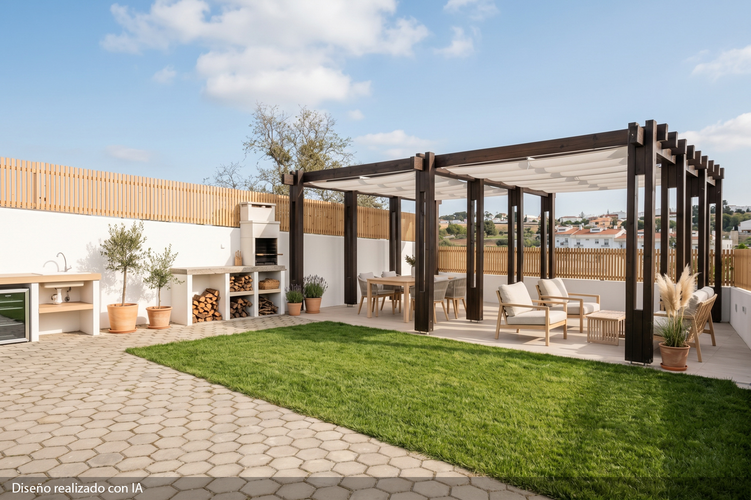 Outdoor patio with a green lawn, wooden pergola, dining set, lounge chairs, and a built-in barbecue area under blue sky. [AI-generated text]