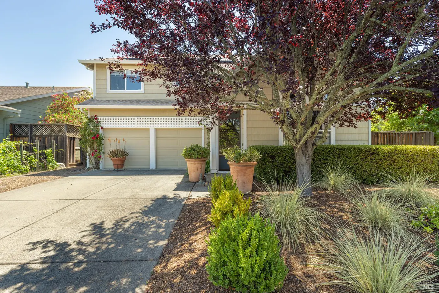 Tan two-story house with a two-car garage and a large tree with red leaves in the front yard. The driveway is concrete and there are plants in pots.