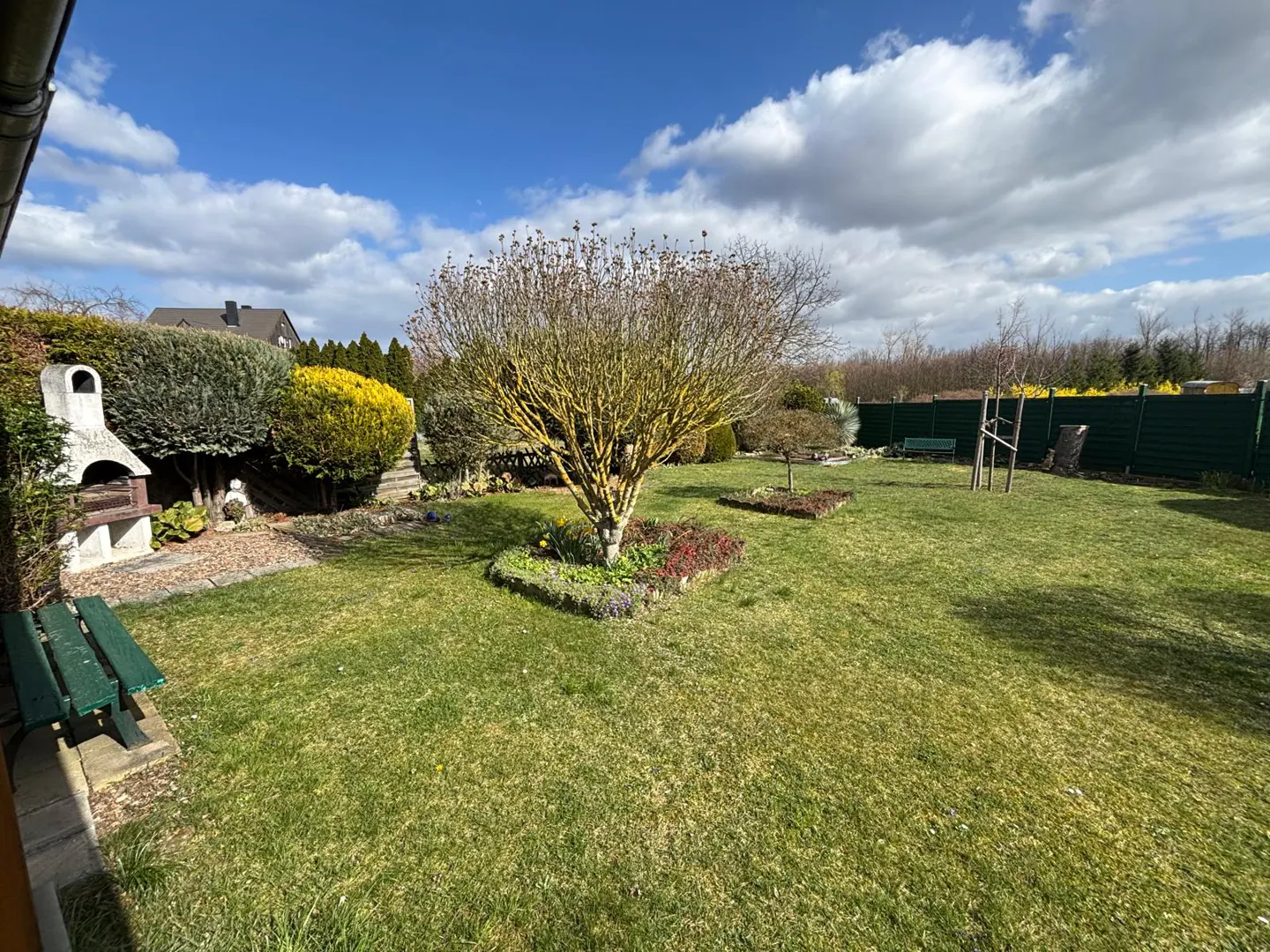 A green lawn with a tree in the center, surrounded by flowerbeds, bushes, and a green fence. A blue sky with white clouds is above.