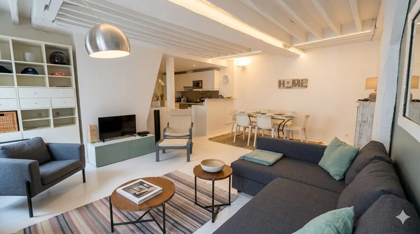 Modern open-plan living room with a grey sectional sofa, armchair, dining area, and white beamed ceiling.