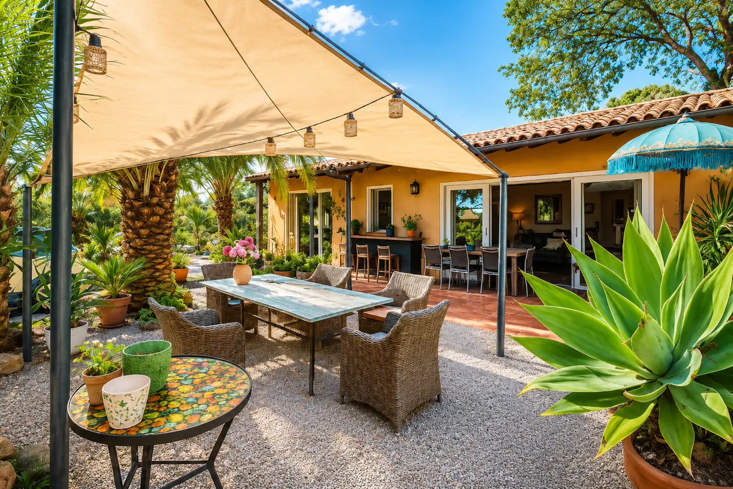 Outdoor patio with a dining table, wicker chairs, and a beige sunshade. A round mosaic table and potted plants add color. The house has a terracotta roof.