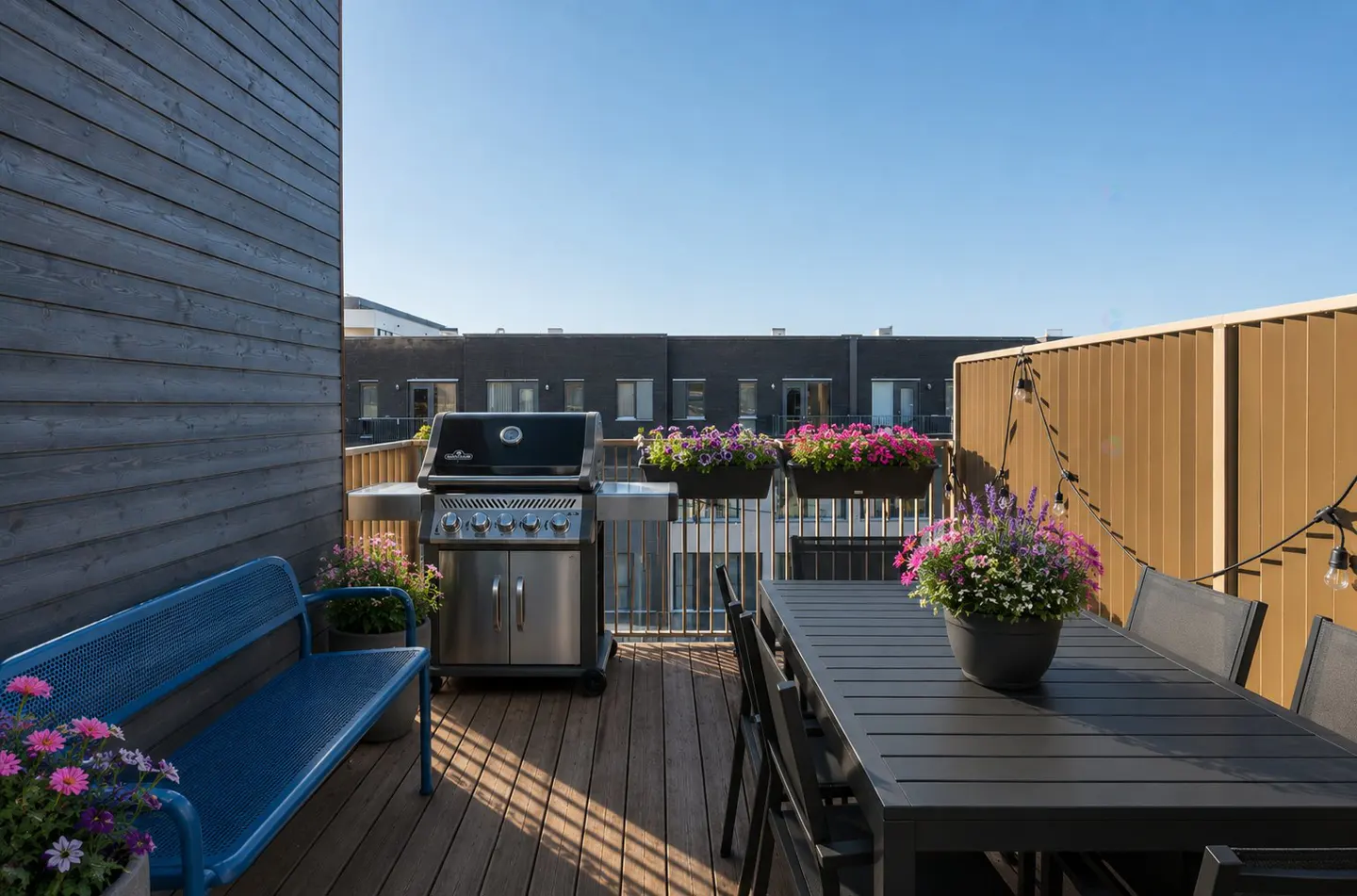 Outdoor patio with a grill, table, and blue bench. Flowers in pots add color to the wooden deck. String lights hang on the fence.