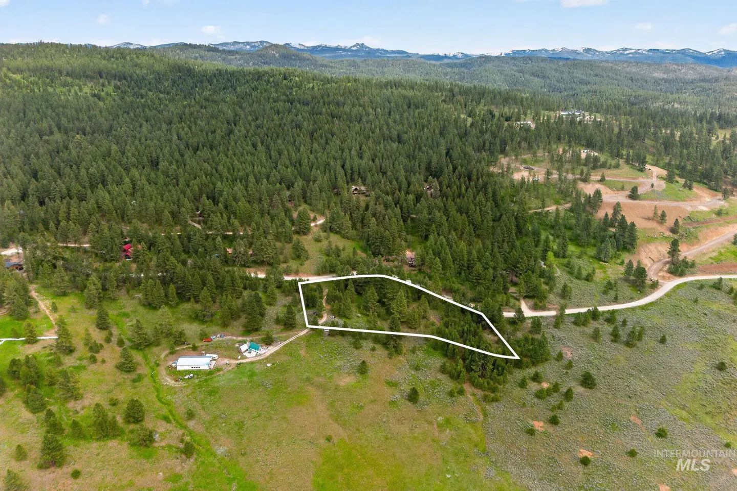 Aerial view of a wooded lot outlined in white, with mountains in the background.