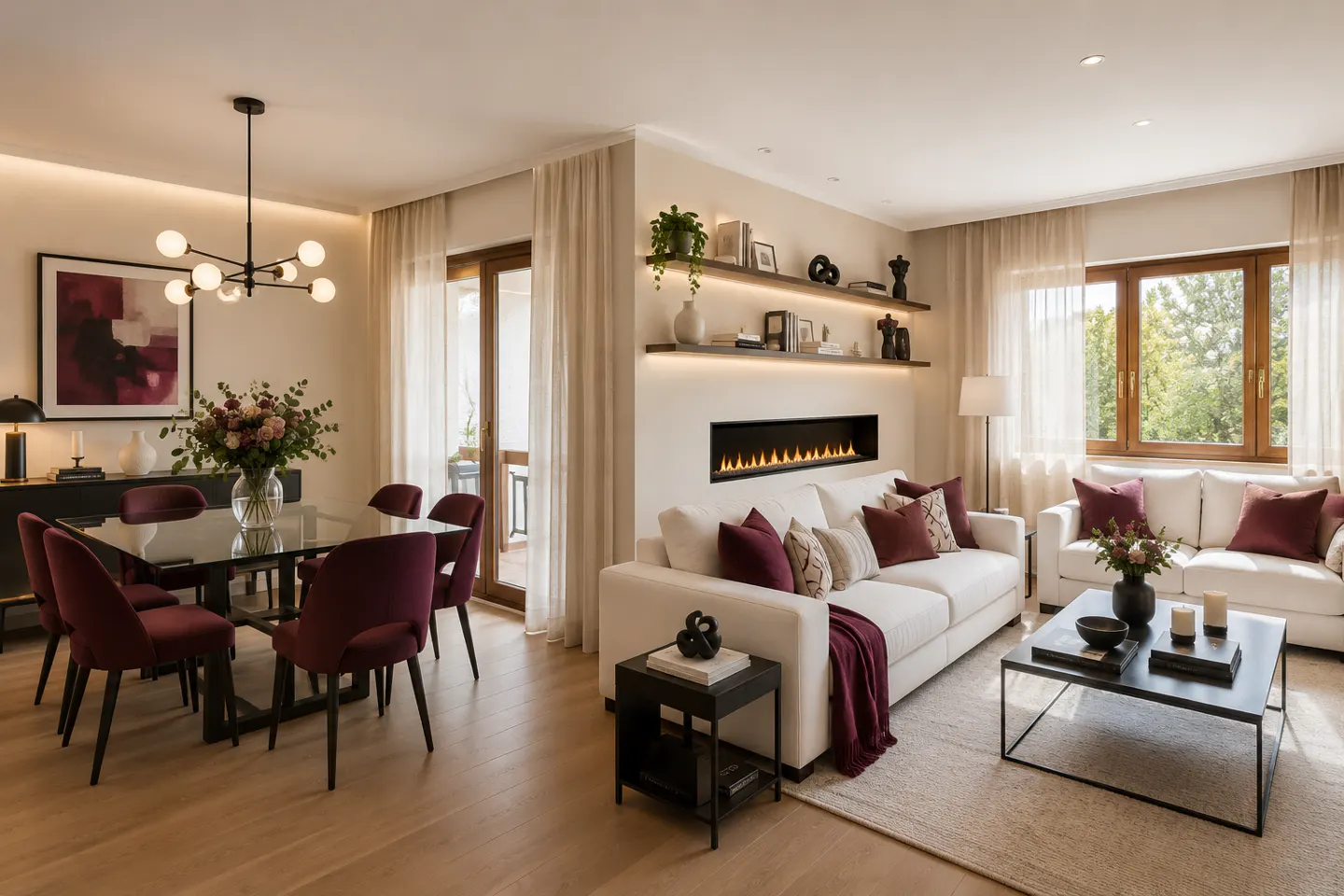 A modern living and dining area with white sofas, a fireplace, and a glass dining table with burgundy chairs.
