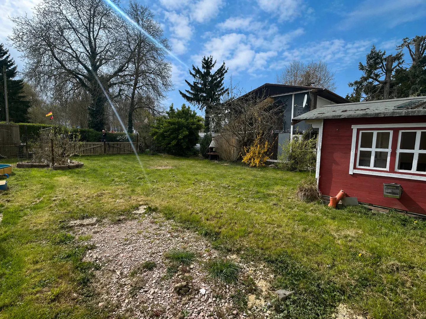 A backyard with green grass, trees, and a red shed with white trim under a blue sky with clouds.