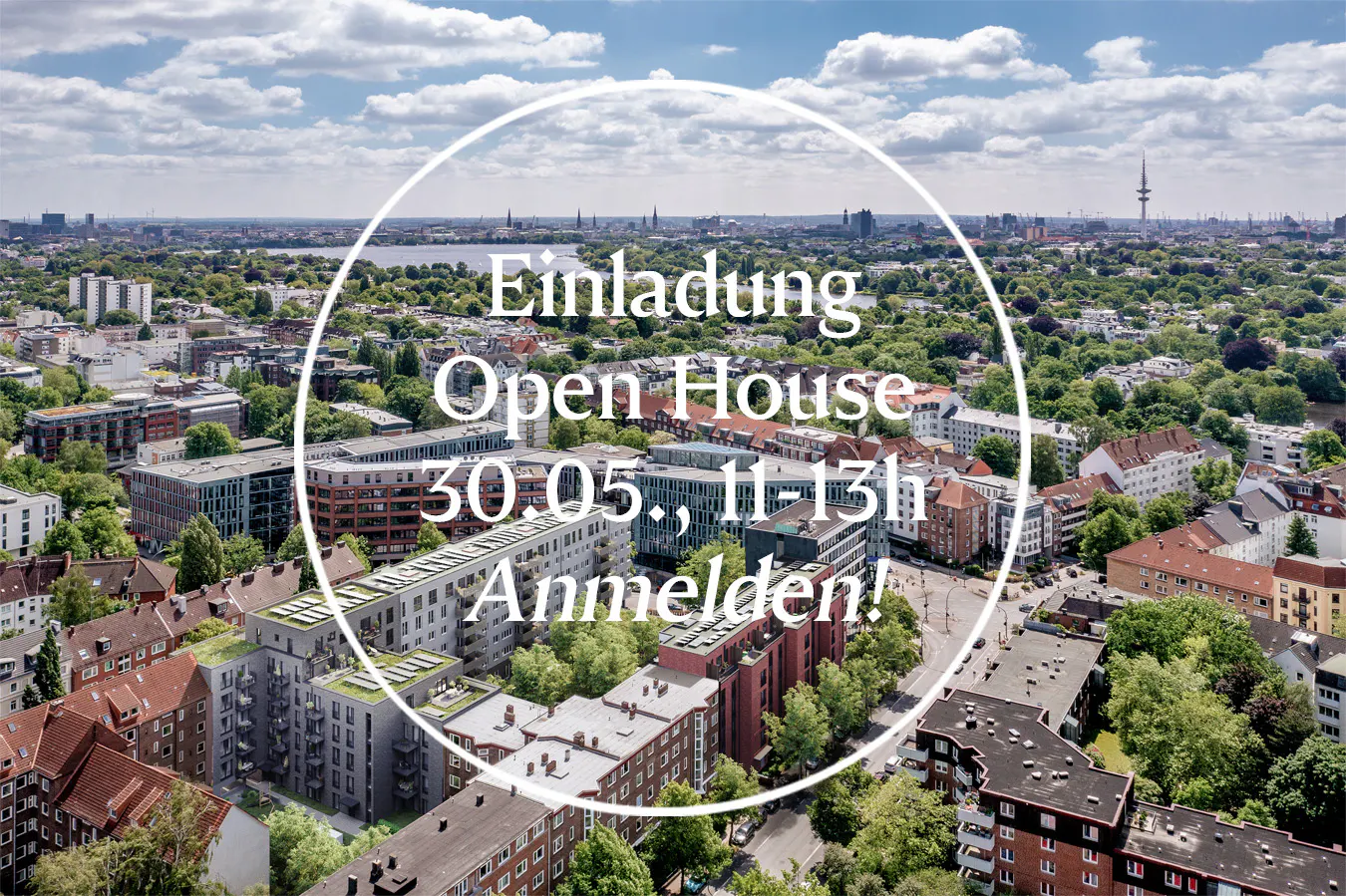 Cityscape view with an "Open House" invitation in white text. Buildings, trees, and a blue sky with clouds fill the background.